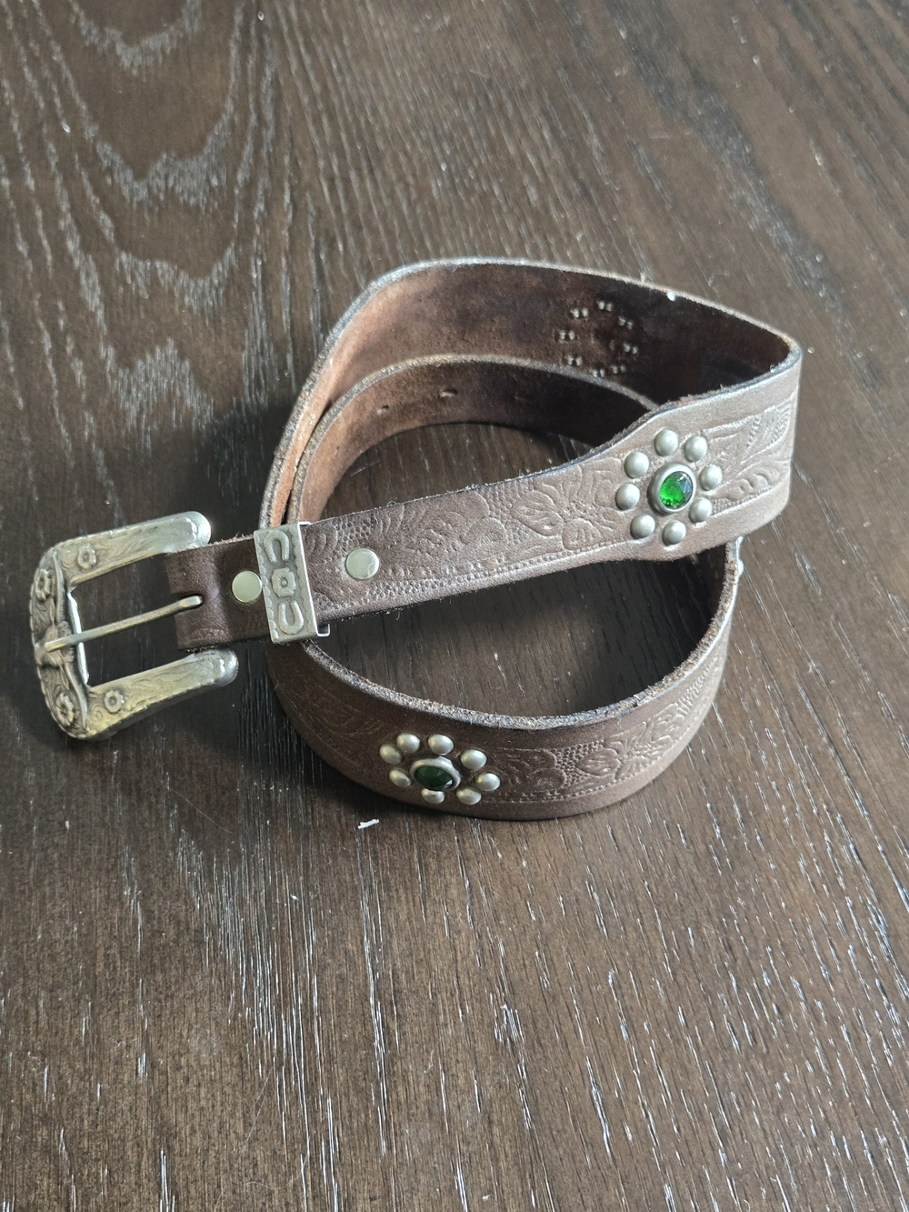 Western-Style Brown Leather Belt with Green Stone Accents
